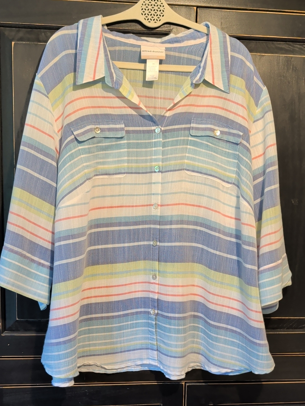 Alfred Dunner Striped Button-Front Cotton Shirt - Pastel Blue Multi